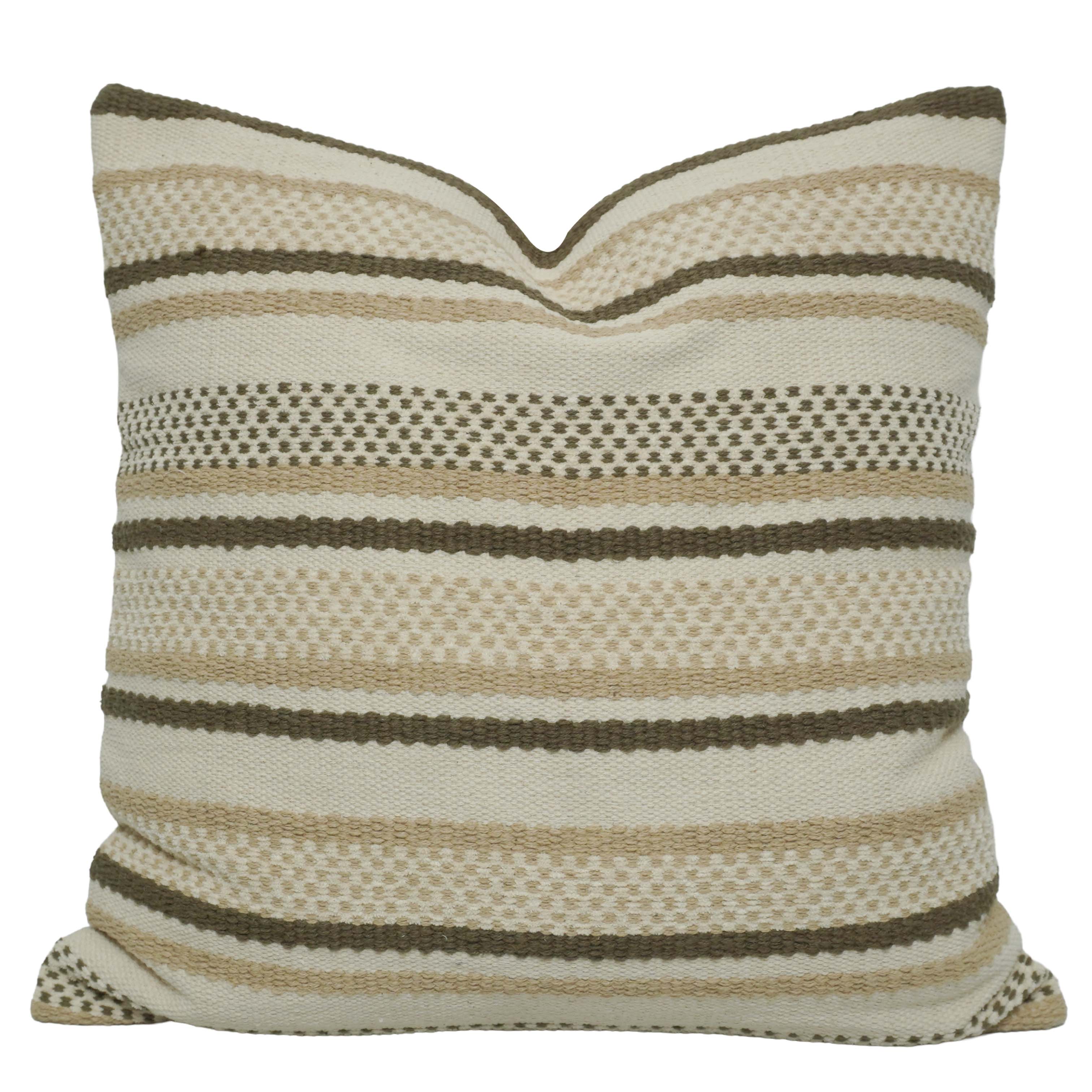 Handwoven Cotton Cushion Cover 45x45 cm – Textured Striped Boho Design in Beige & Olive