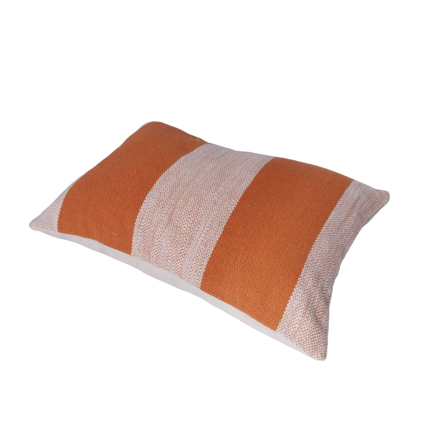 Handmade Cotton Striped Cushion Cover 35x50 cm | Rust Orange & Natural White Lumbar Pillow Cover | Woven Decorative Cushion for Sofa, Bed & Living Room