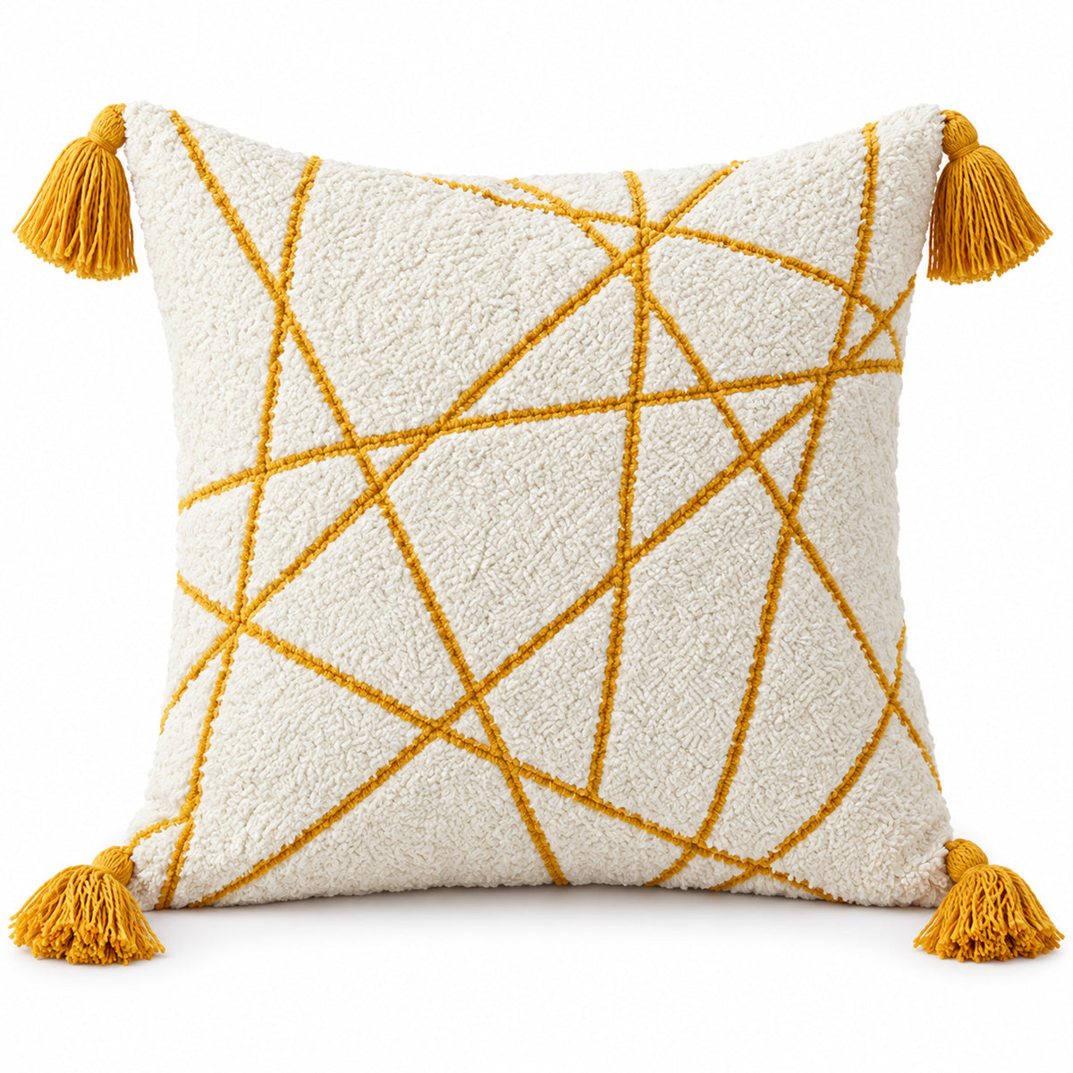 Ivory square cushion with intersecting mustard yellow abstract lines and matching corner tassels