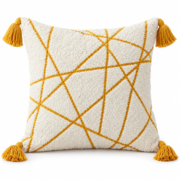 Ivory square cushion with intersecting mustard yellow abstract lines and matching corner tassels