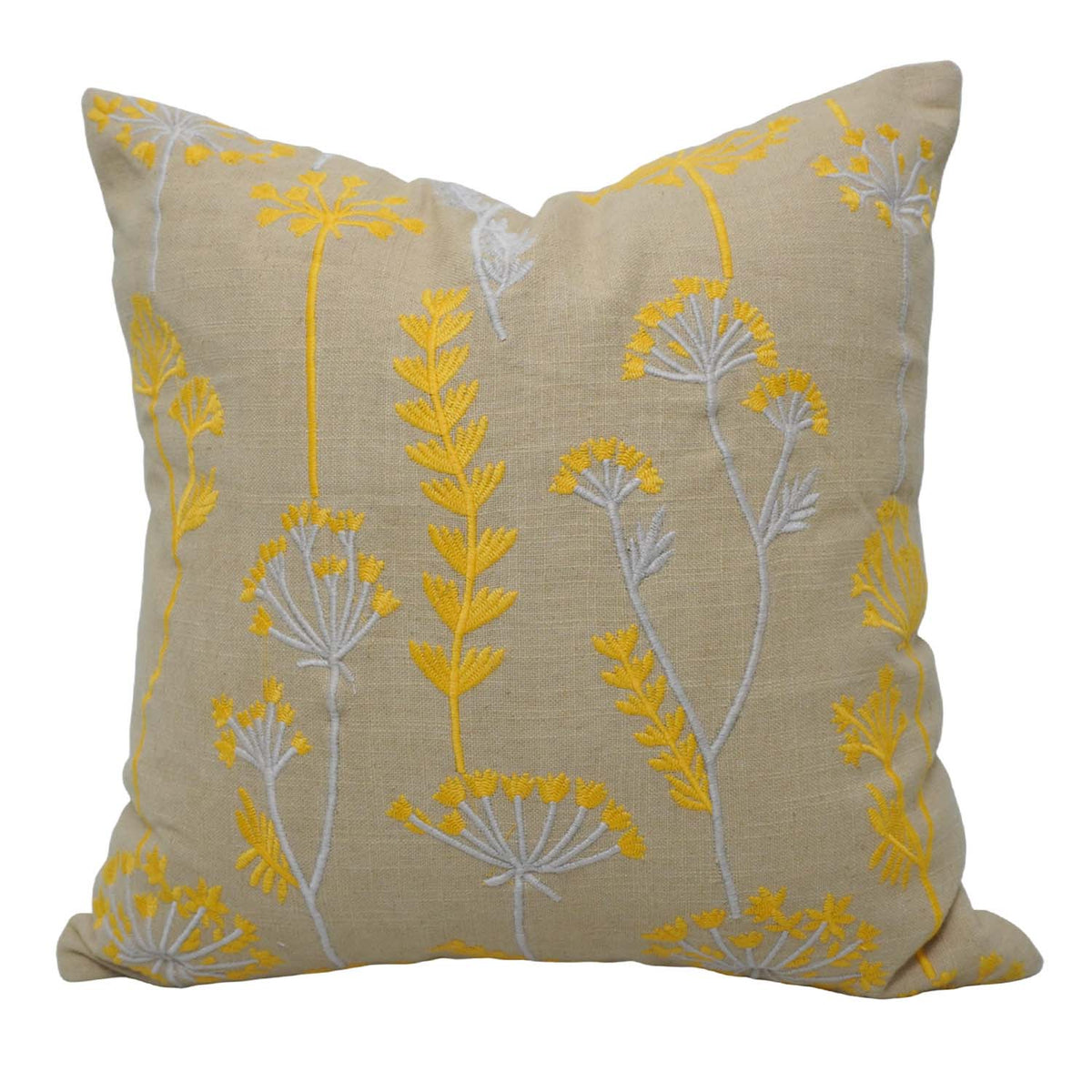 Machine Embroidered Cotton Cushion Cover 45x45 cm | Yellow & Grey Floral Botanical Design | Decorative Throw Pillow Cover with Concealed Zipper | 18x18 Inch - Bulk manufacturer & supplier from Panipat, India