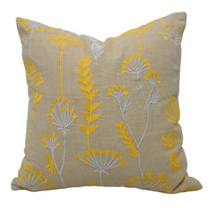 Machine Embroidered Cotton Cushion Cover 45x45 cm | Yellow & Grey Floral Botanical Design | Decorative Throw Pillow Cover with Concealed Zipper | 18x18 Inch