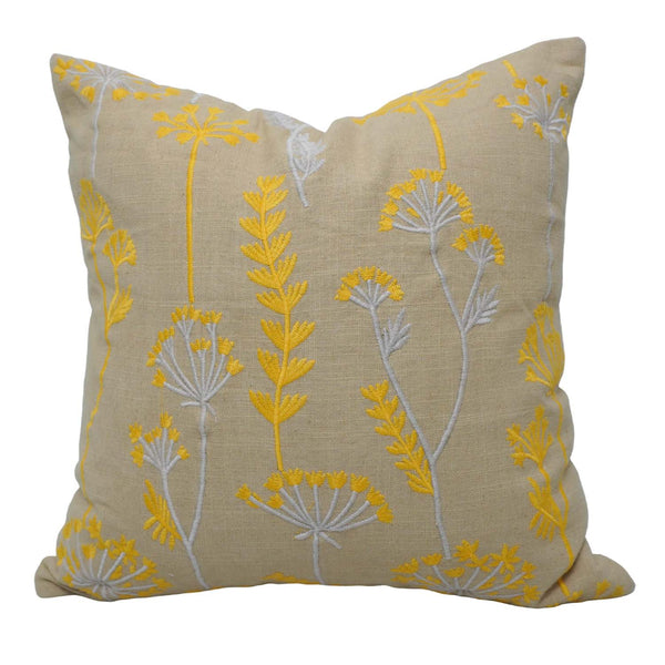 Machine Embroidered Cotton Cushion Cover 45x45 cm | Yellow & Grey Floral Botanical Design | Decorative Throw Pillow Cover with Concealed Zipper | 18x18 Inch
