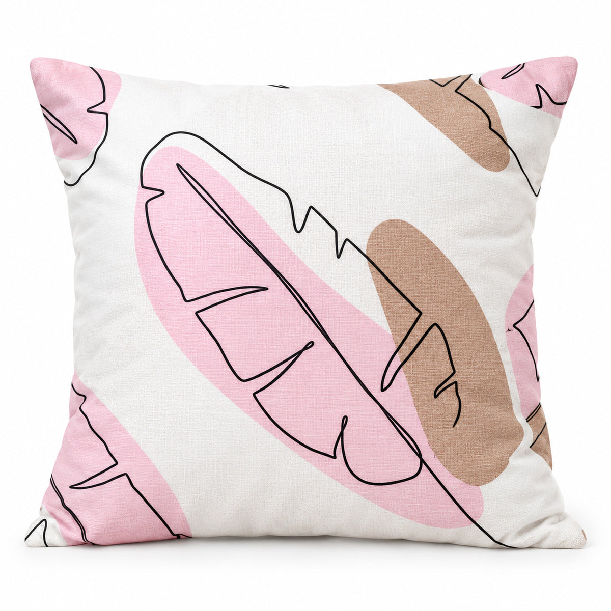 Square cushion with oversized abstract pink taupe and beige tropical leaf illustrations