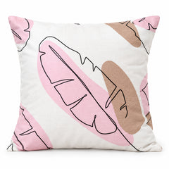 Square cushion with oversized abstract pink taupe and beige tropical leaf illustrations