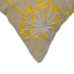 Machine Embroidered Cotton Cushion Cover 45x45 cm | Yellow & Grey Floral Botanical Design | Decorative Throw Pillow Cover with Concealed Zipper | 18x18 Inch