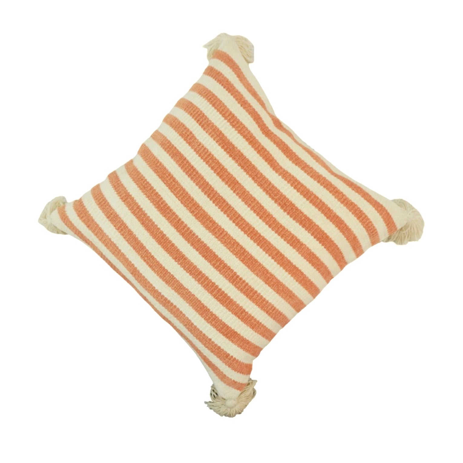 Terracotta & Ivory Striped Handwoven Cotton Cushion Cover with Tassels – 45x45 cm