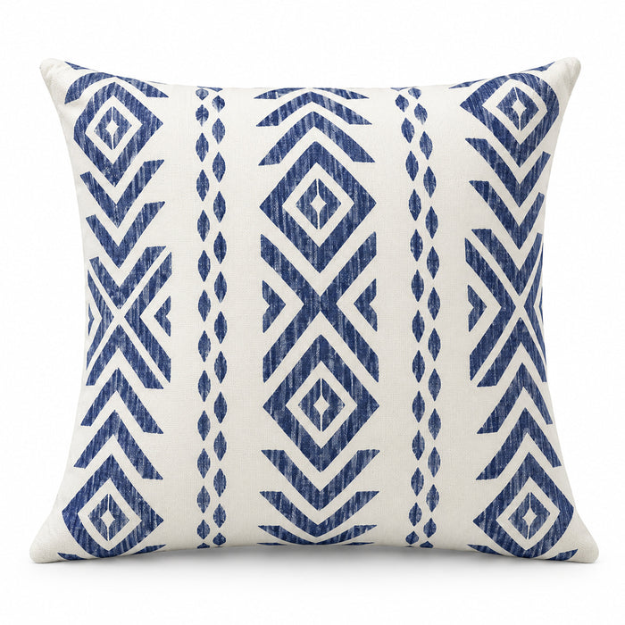 Ivory square cushion with bold indigo blue tribal diamond motifs arranged in vertical bands
