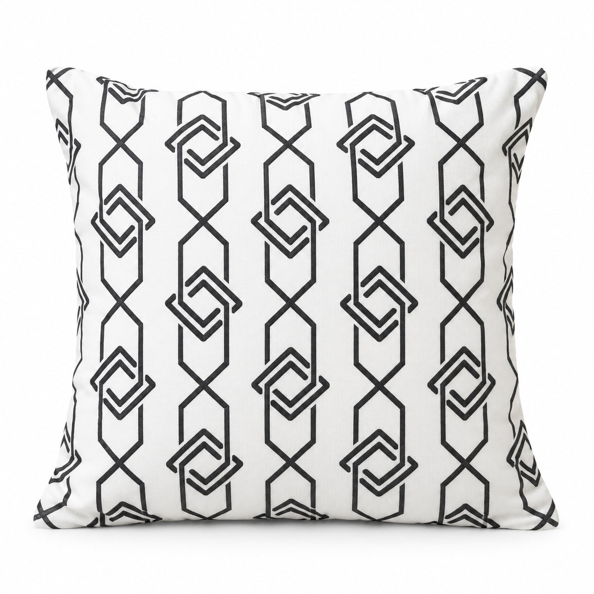 Ivory square cushion with repeating slim black geometric diamond outlines and vertical zigzag lines