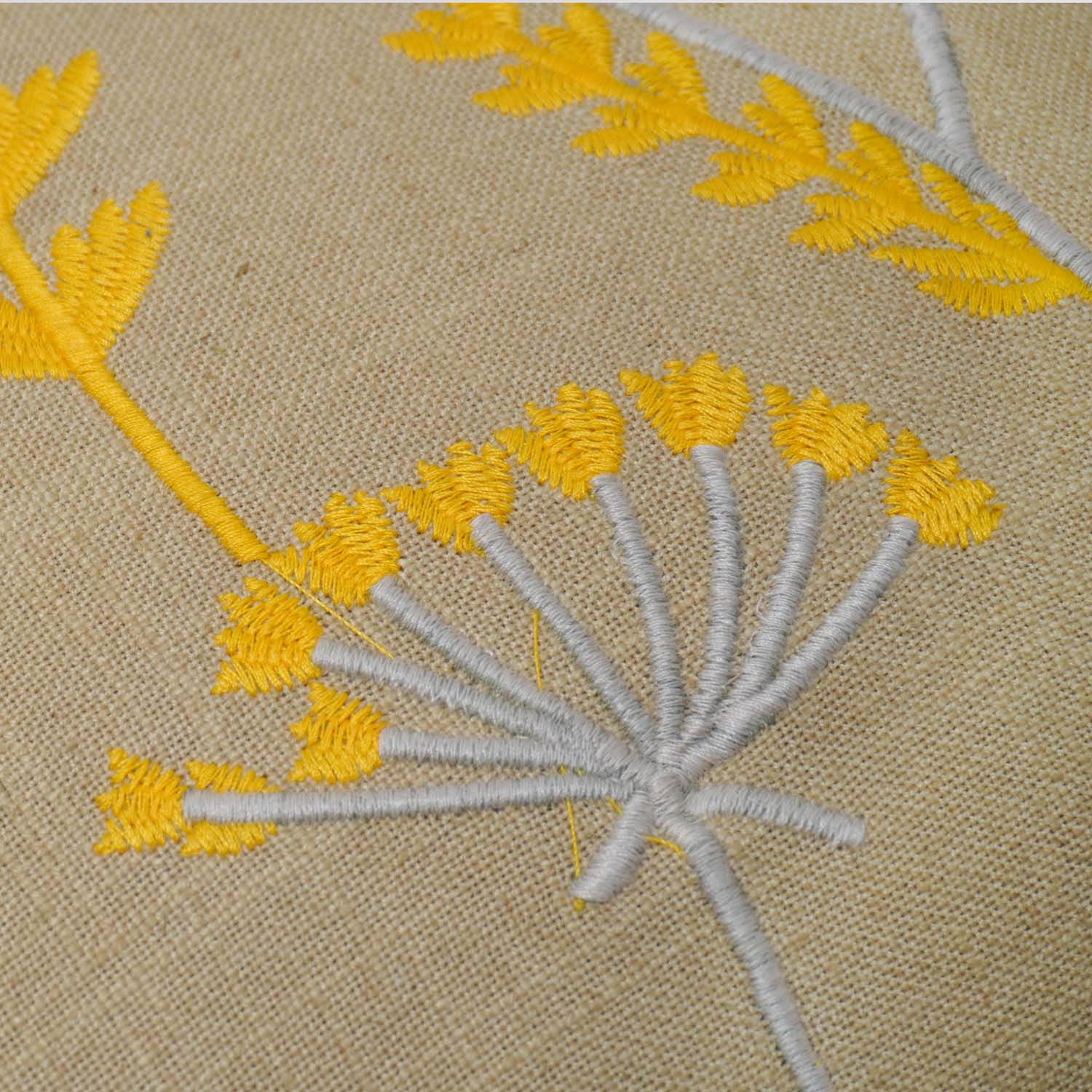 Machine Embroidered Cotton Cushion Cover 45x45 cm | Yellow & Grey Floral Botanical Design | Decorative Throw Pillow Cover with Concealed Zipper | 18x18 Inch