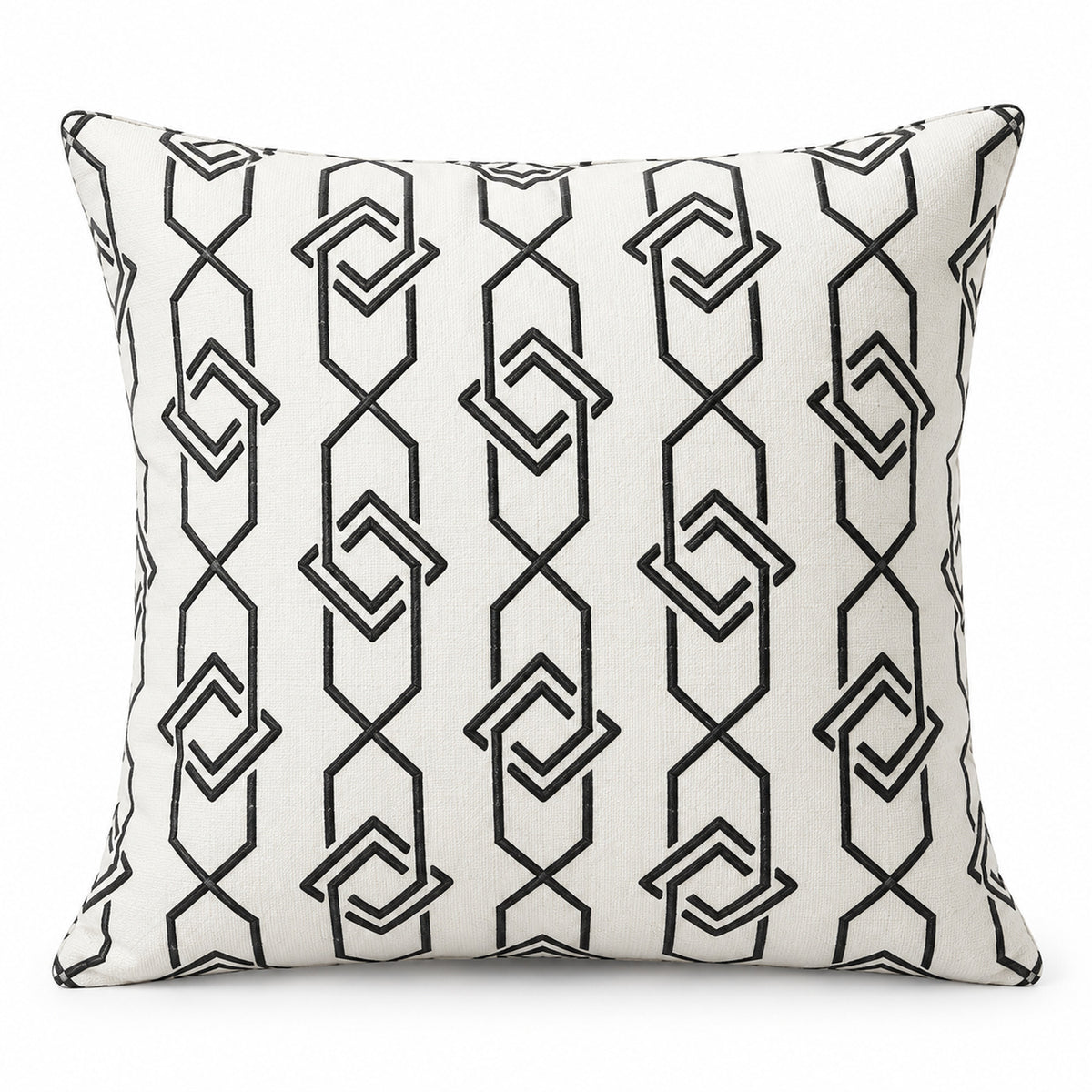 Ivory square cushion with tall repeating black connected diamond outlines and vertical geometric stripe pattern