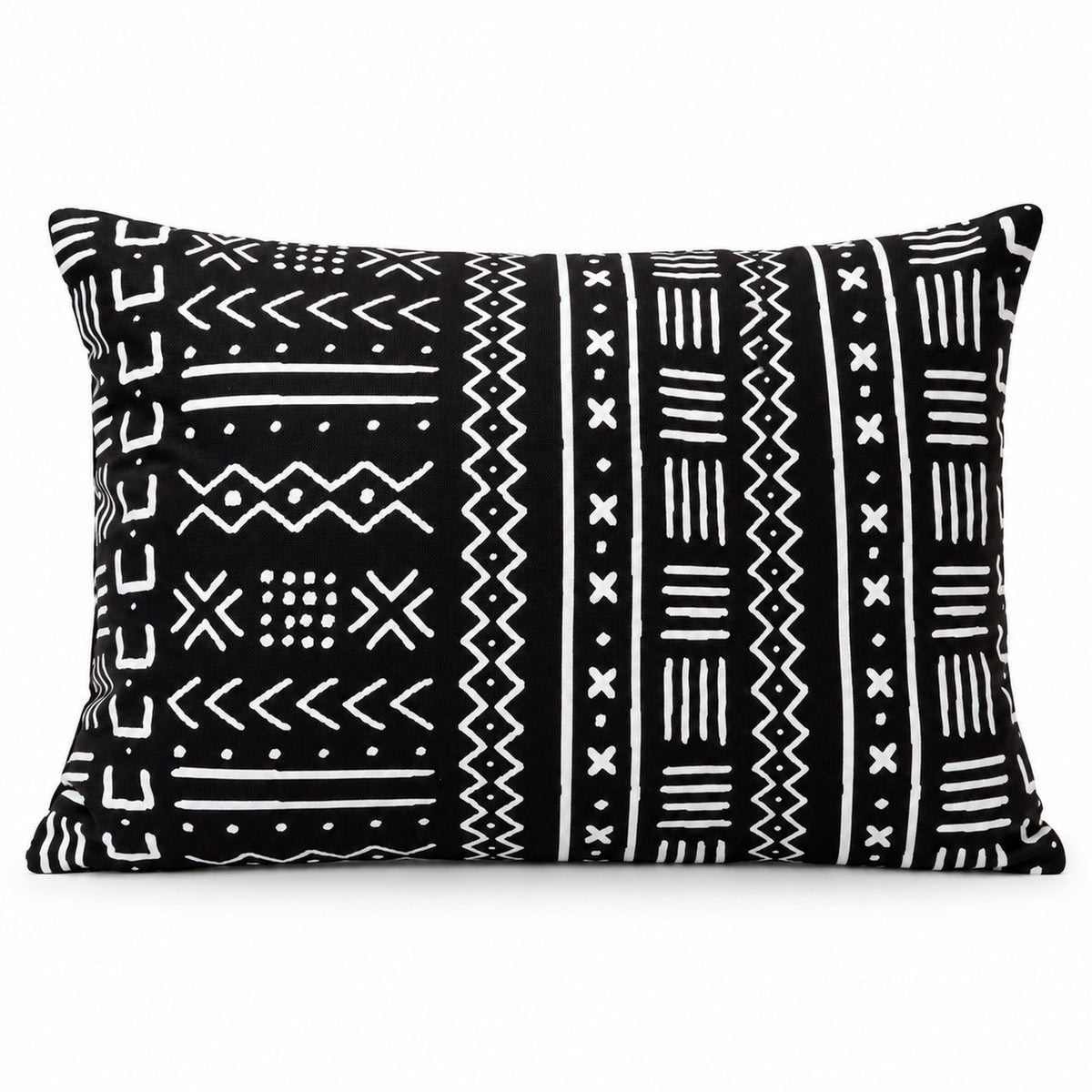 Black square cushion with dense horizontal ivory tribal line and arrow motifs in narrow bands