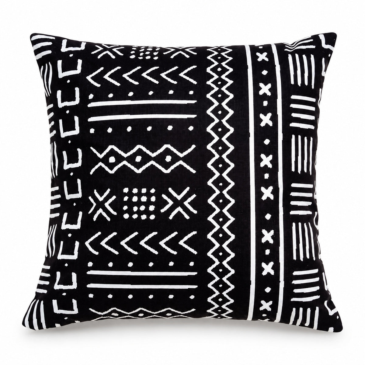 Black square cushion with bold ivory geometric tribal symbols alternating with vertical and horizontal patterned bands