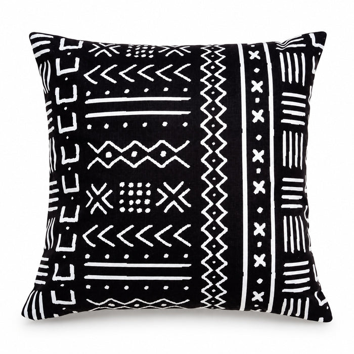 Black square cushion with bold ivory geometric tribal symbols alternating with vertical and horizontal patterned bands