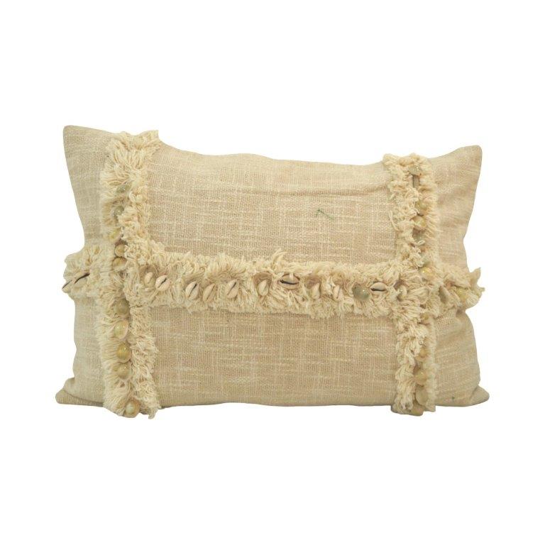 Boho Shell Fringe Cushion Cover – Handcrafted Textured Cotton Lumbar Pillow | 35 x 50 cm - Bulk manufacturer & supplier from Panipat, India