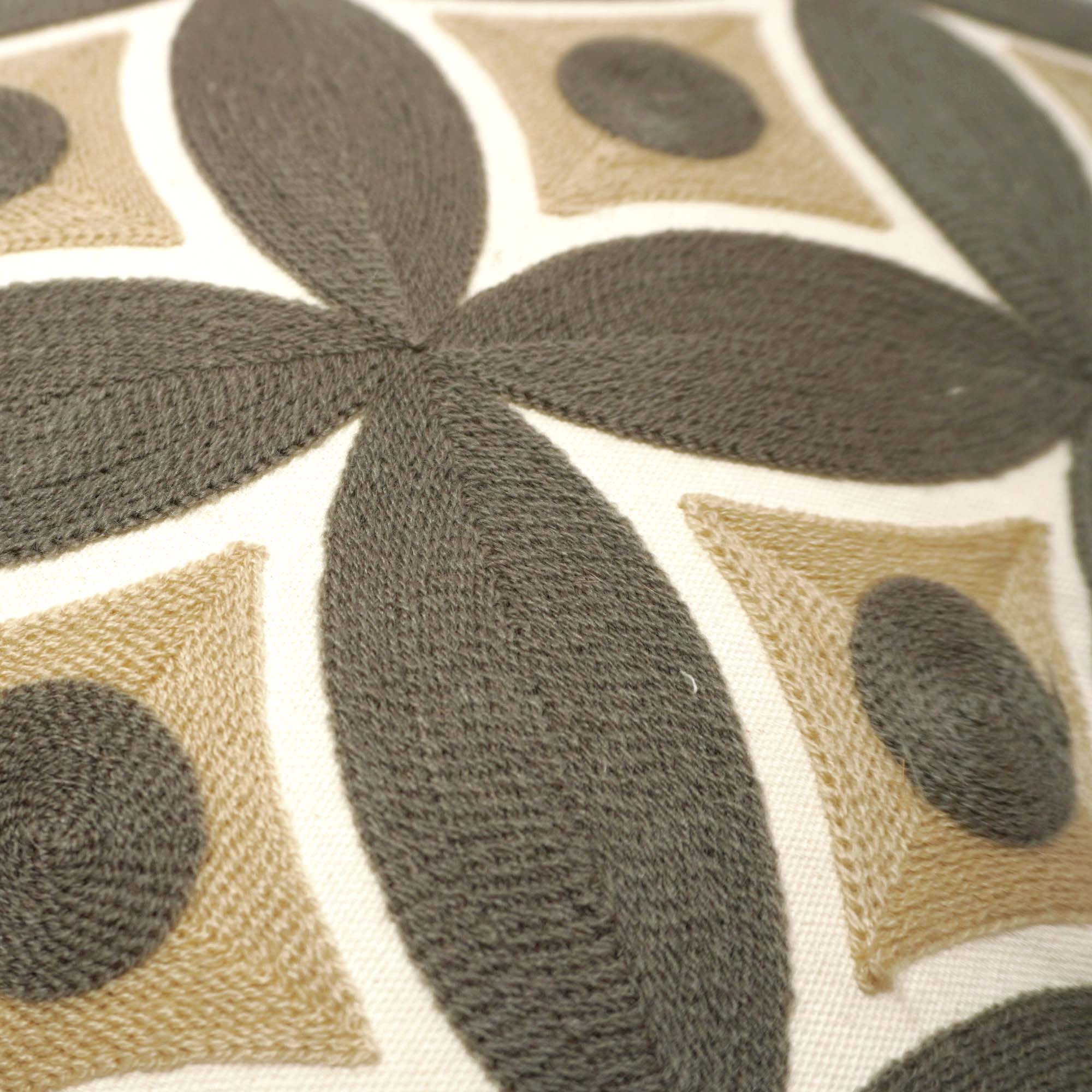 Embroidered Geometric Cotton Cushion Cover 45x45 cm | Modern Abstract Circle Pattern Decorative Throw Pillow Cover | Concealed Zip | Beige & Charcoal