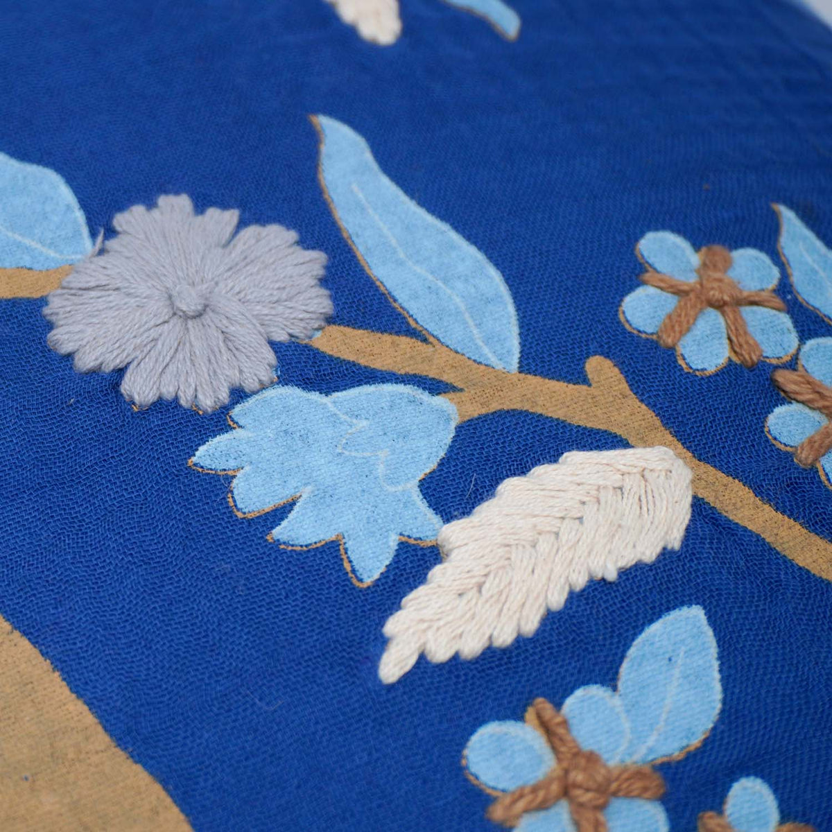 Handcrafted Printed & Embroidered Cotton Cushion Cover 45x45 cm | Blue Floral Botanical Design | Decorative Throw Pillow Cover with Hidden Zipper - Bulk manufacturer & supplier from Panipat, India
