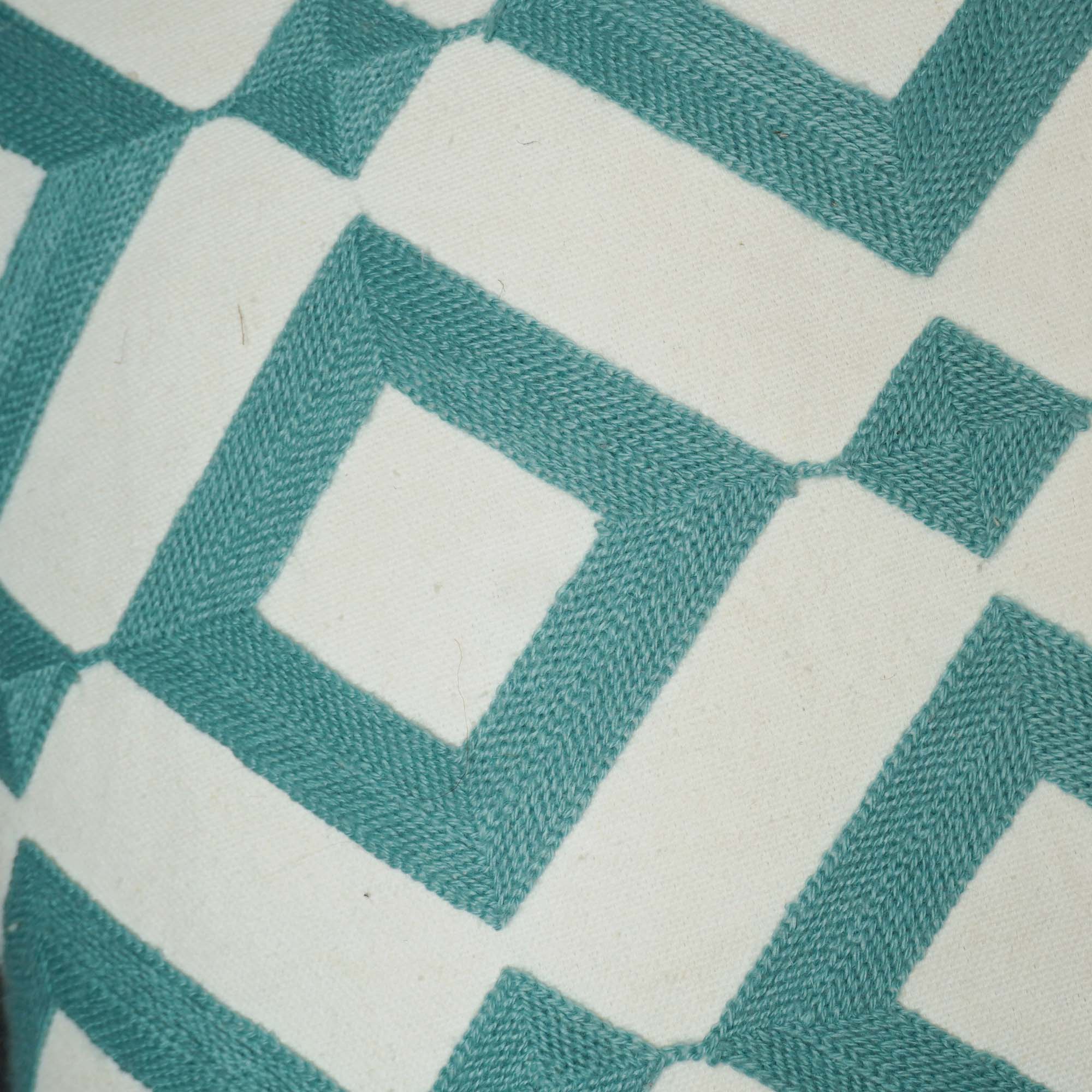Geometric Embroidered Cotton Cushion Cover 45x45 cm | Aqua Blue & Ivory Decorative Throw Pillow Cover | Modern Diamond Pattern | Hidden Zip