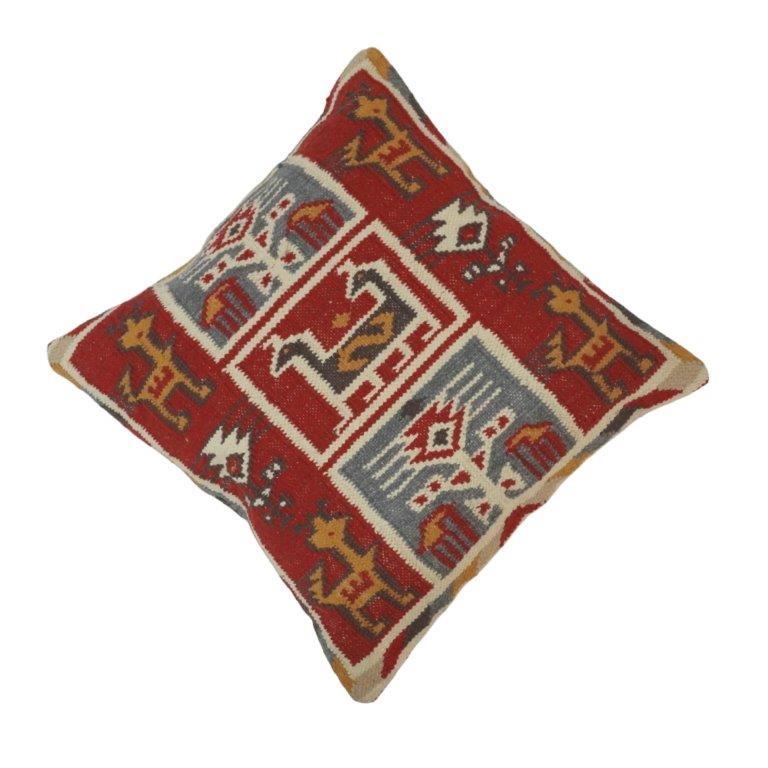 Handmade Turkish Kilim Cushion Cover 45x45 cm | Vintage Tribal Geometric Cotton Pillow Cover | Artisan Woven Decorative Cushion