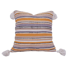 Handwoven Striped Cotton Cushion Cover with Tassels | Mustard, Beige & Grey | 45x45 cm Decorative Throw Pillow Cover