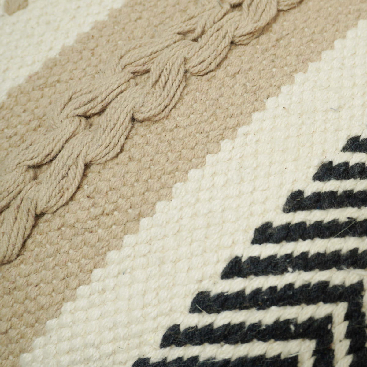 Handwoven Cotton Cushion Cover 45x45 cm – Beige & Black Geometric Chevron Textured Cushion Cover