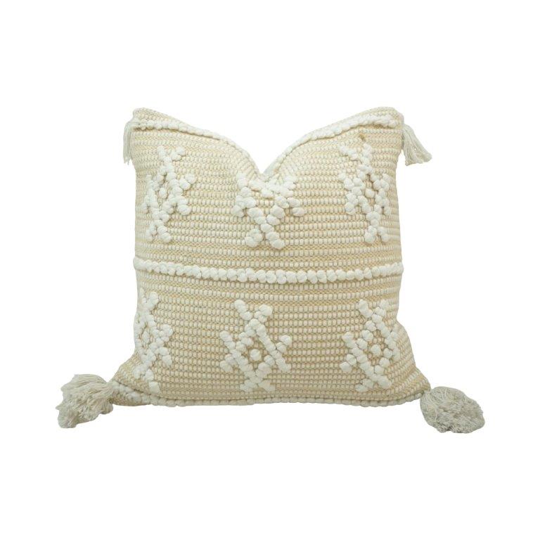 Handmade Tufted Cotton Cushion Cover with Tassels – Boho Cream Cushion Cover 45x45 cm - Bulk manufacturer & supplier from Panipat, India