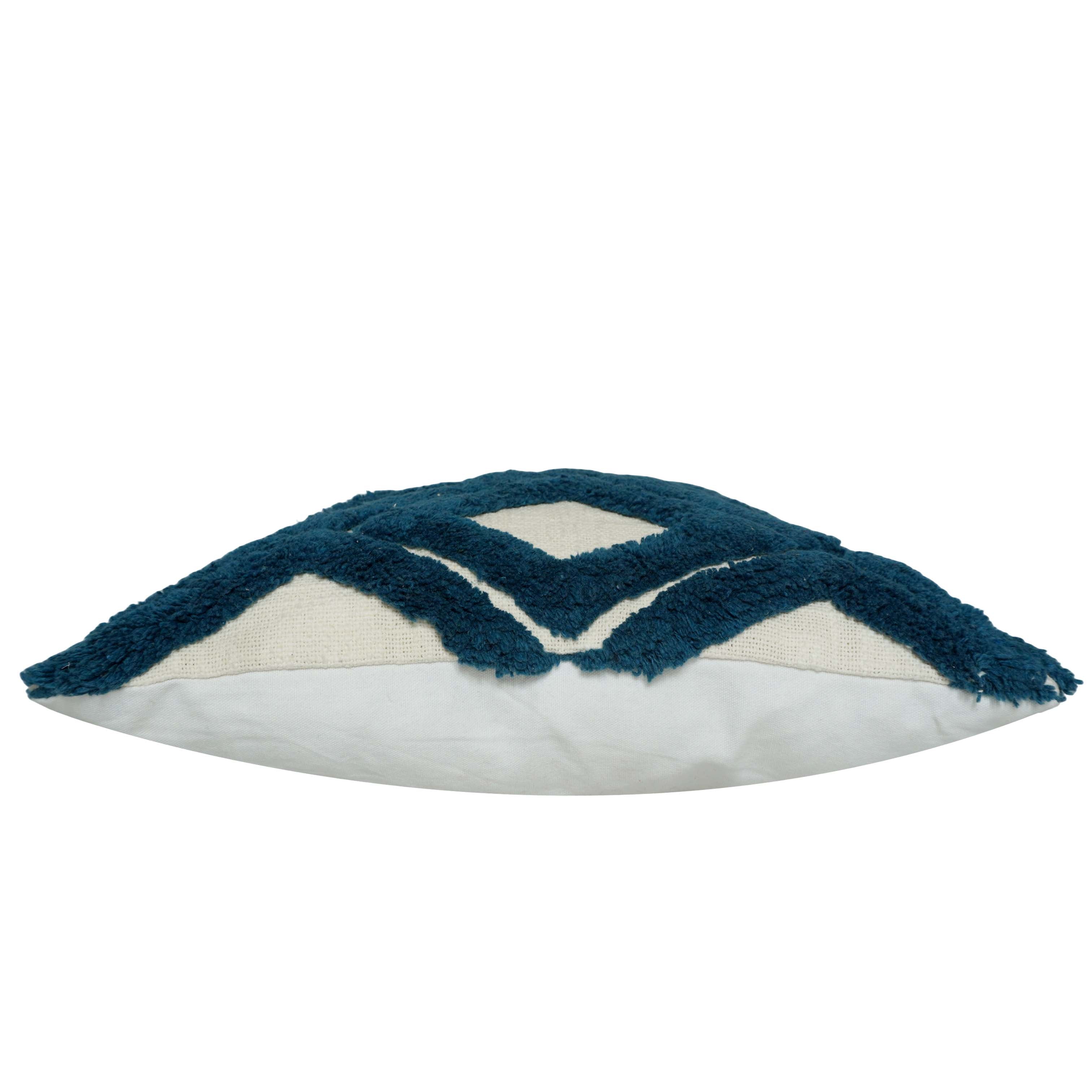 Handmade Tufted Cotton Cushion Cover 45x45 cm | Geometric Diamond Pattern | Textured Decorative Throw Pillow Cover | Hidden Zipper | Navy Blue & Natural