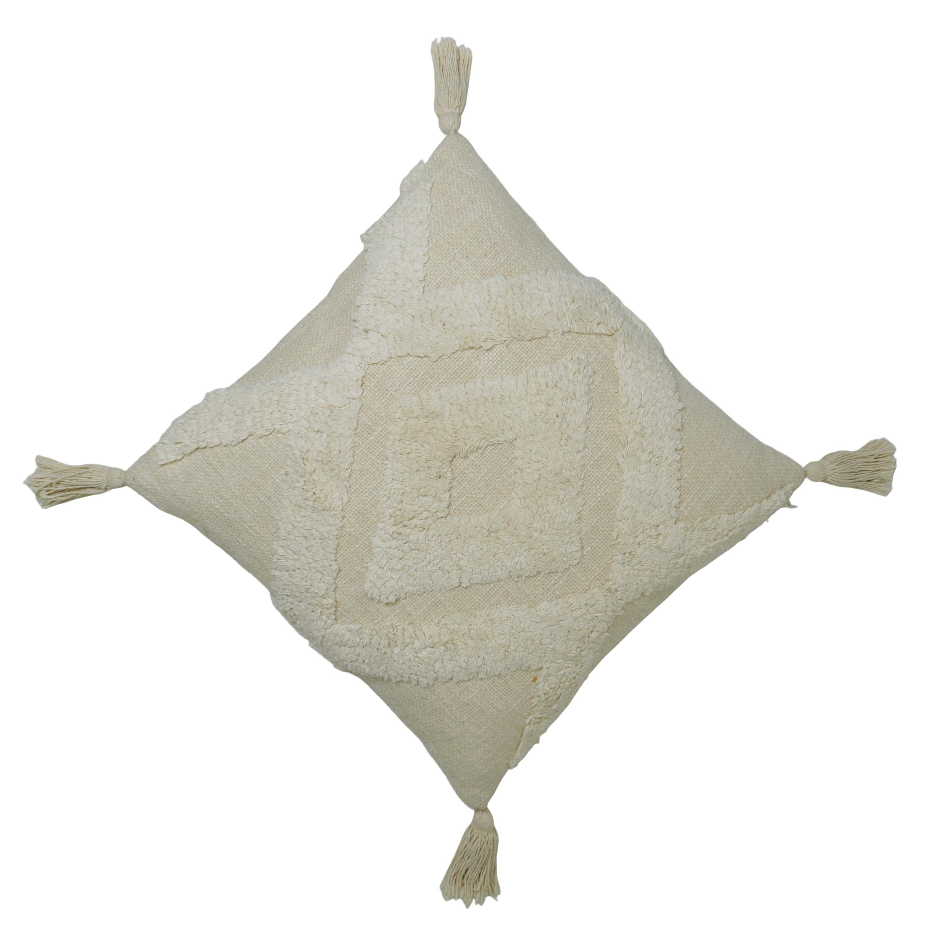 Tufted Cotton Cushion Cover 45x45 cm – Ivory Textured Abstract Pattern with Tassel Corners | Boho Decorative Cushion Cover