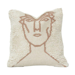 Abstract Face Embroidered Cotton Cushion Cover with Tufted Texture | 45x45 cm | Modern Boho Art Pillow Cover