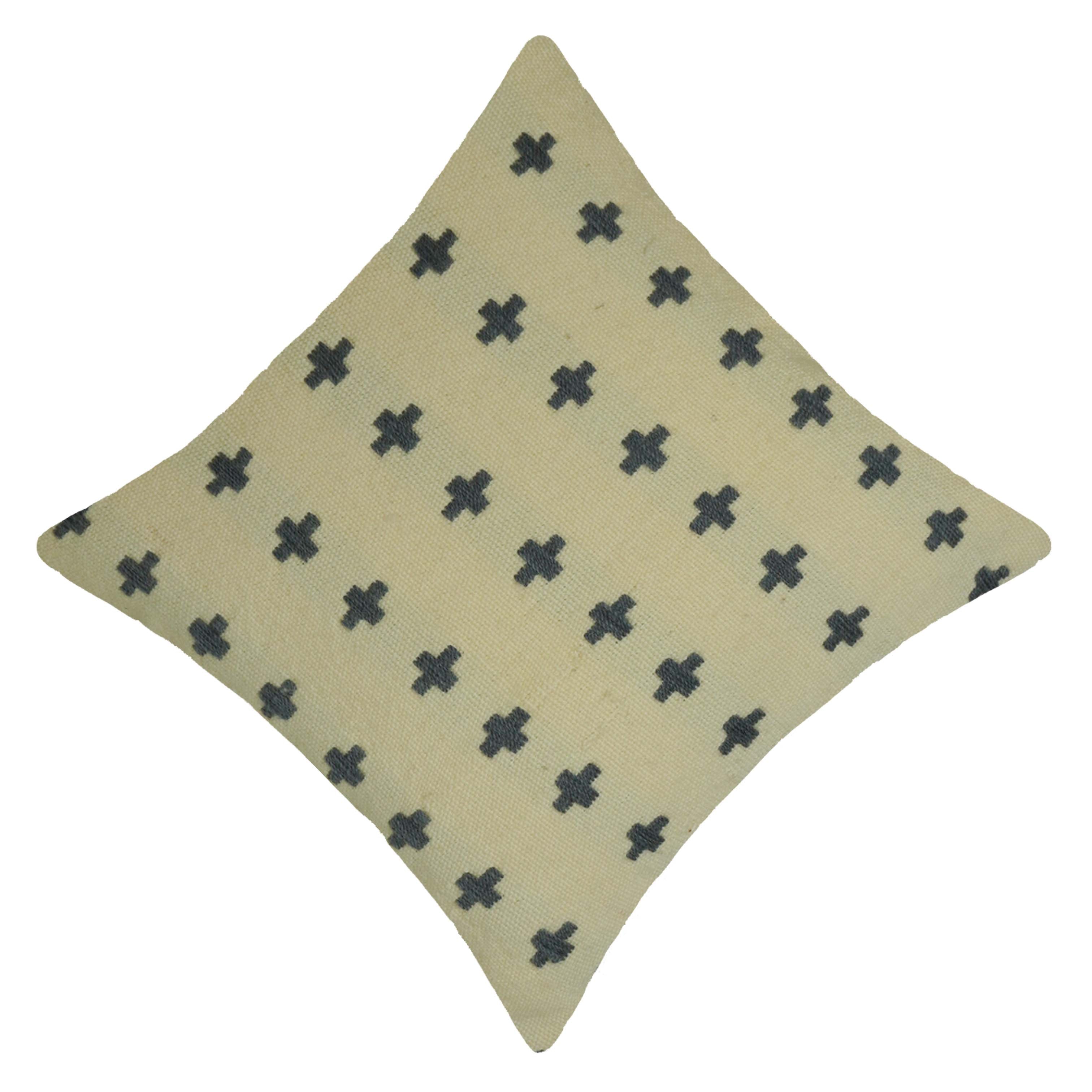 Handwoven Cotton Cushion Cover 45x45 cm – Beige & Black Plus Pattern | Textured Boho Accent Pillow Cover
