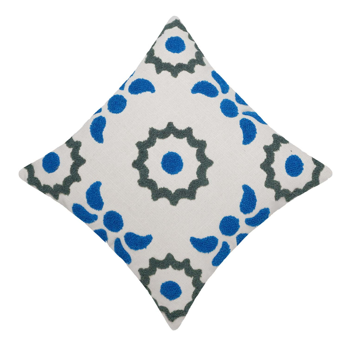 Hand Tufted Cotton Cushion Cover 45x45 cm | Blue & Grey Geometric Floral Design | Decorative Throw Pillow Cover with Hidden Zipper | Modern Boho Home Décor - Bulk manufacturer & supplier from Panipat, India