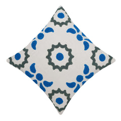 Hand Tufted Cotton Cushion Cover 45x45 cm | Blue & Grey Geometric Floral Design | Decorative Throw Pillow Cover with Hidden Zipper | Modern Boho Home Décor