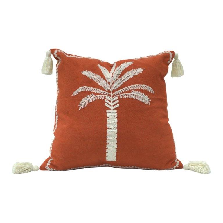 Terracotta Palm Tree Embroidered Cotton Cushion Cover with Tassels – 45x45 cm - Bulk manufacturer & supplier from Panipat, India