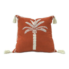 Terracotta Palm Tree Embroidered Cotton Cushion Cover with Tassels – 45x45 cm