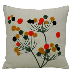 Machine Embroidered Cotton Cushion Cover 45x45 cm | Colorful Floral Pom-Pom Design | Decorative Throw Pillow Cover with Hidden Zipper