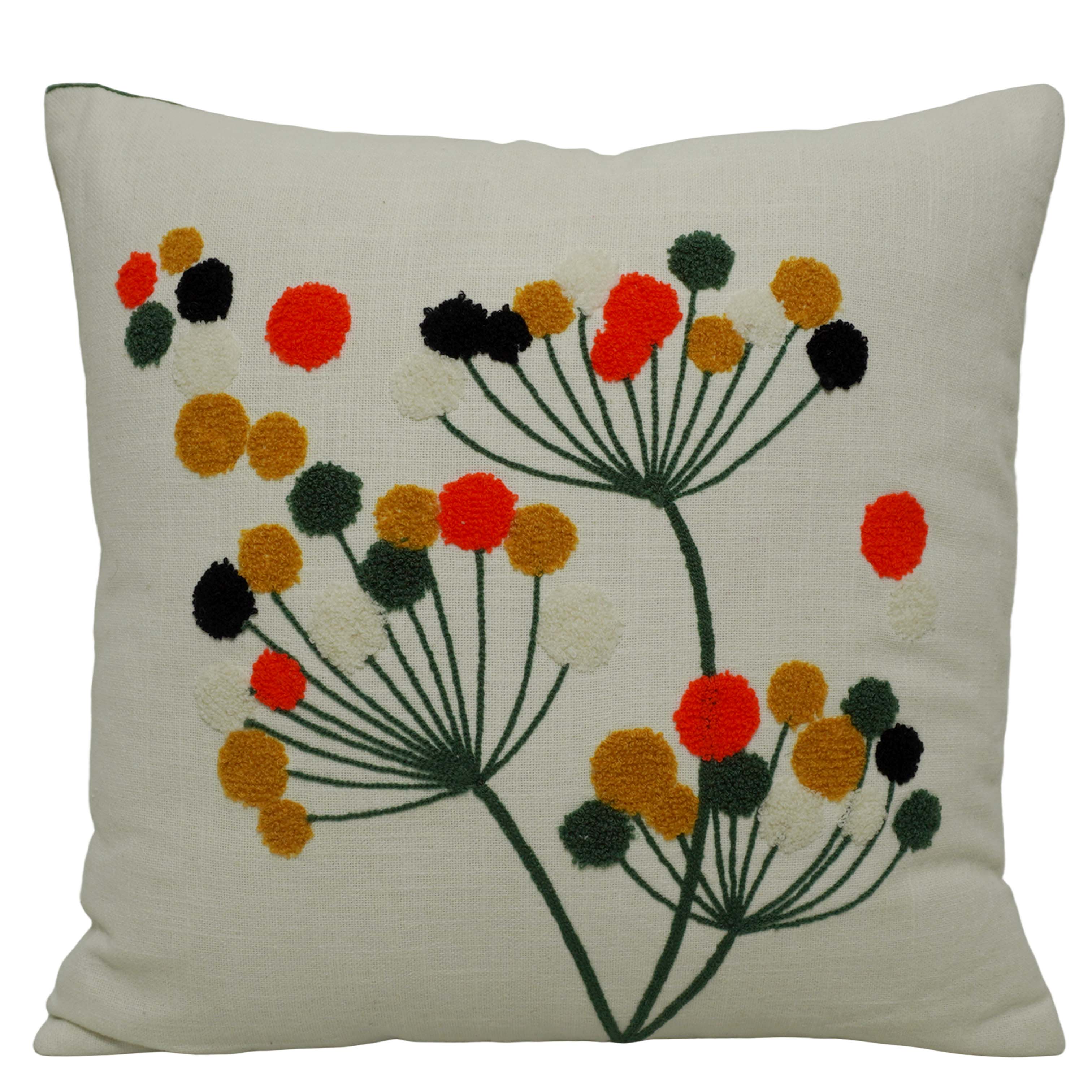 Machine Embroidered Cotton Cushion Cover 45x45 cm | Colorful Floral Pom-Pom Design | Decorative Throw Pillow Cover with Hidden Zipper