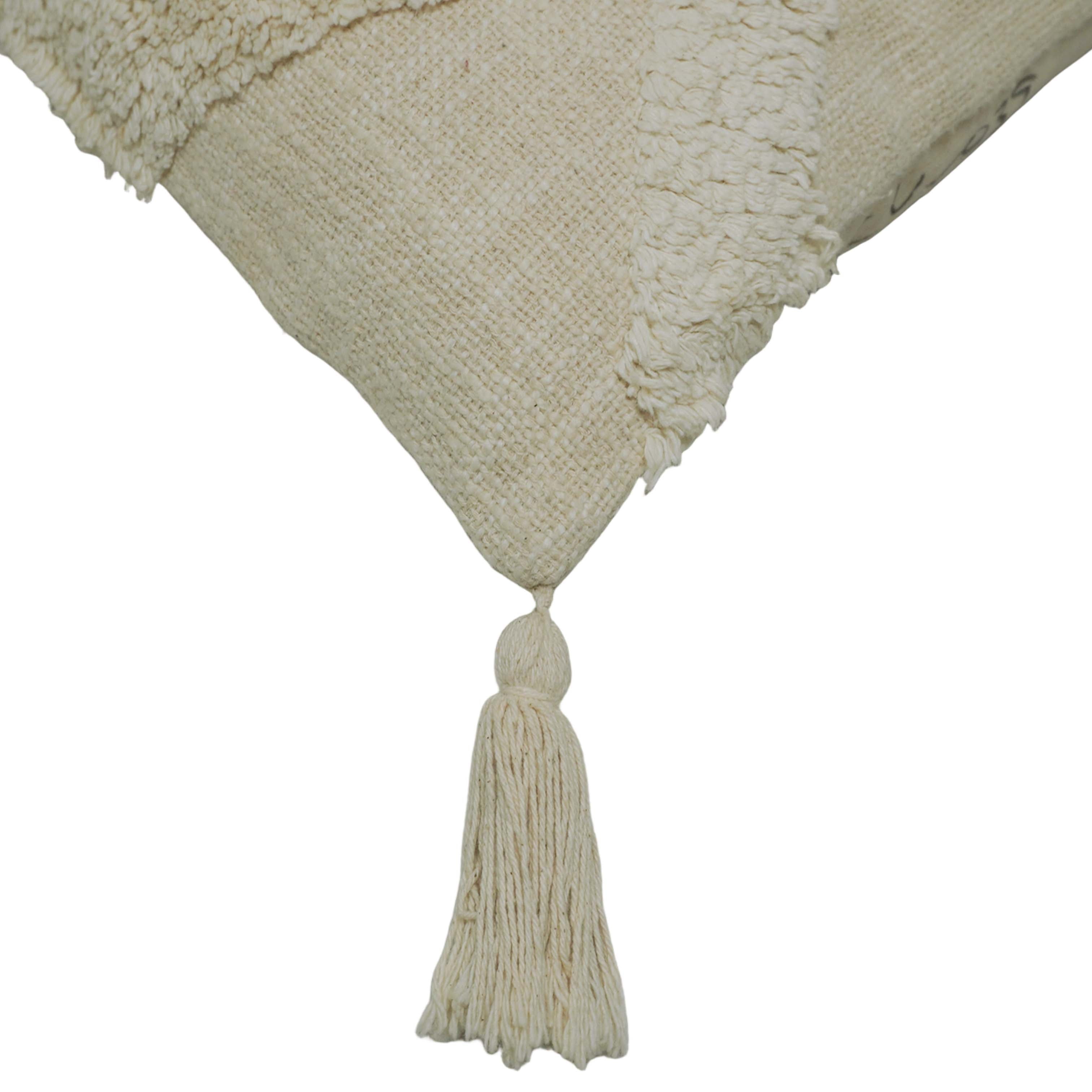 Tufted Cotton Cushion Cover 45x45 cm – Ivory Textured Abstract Pattern with Tassel Corners | Boho Decorative Cushion Cover