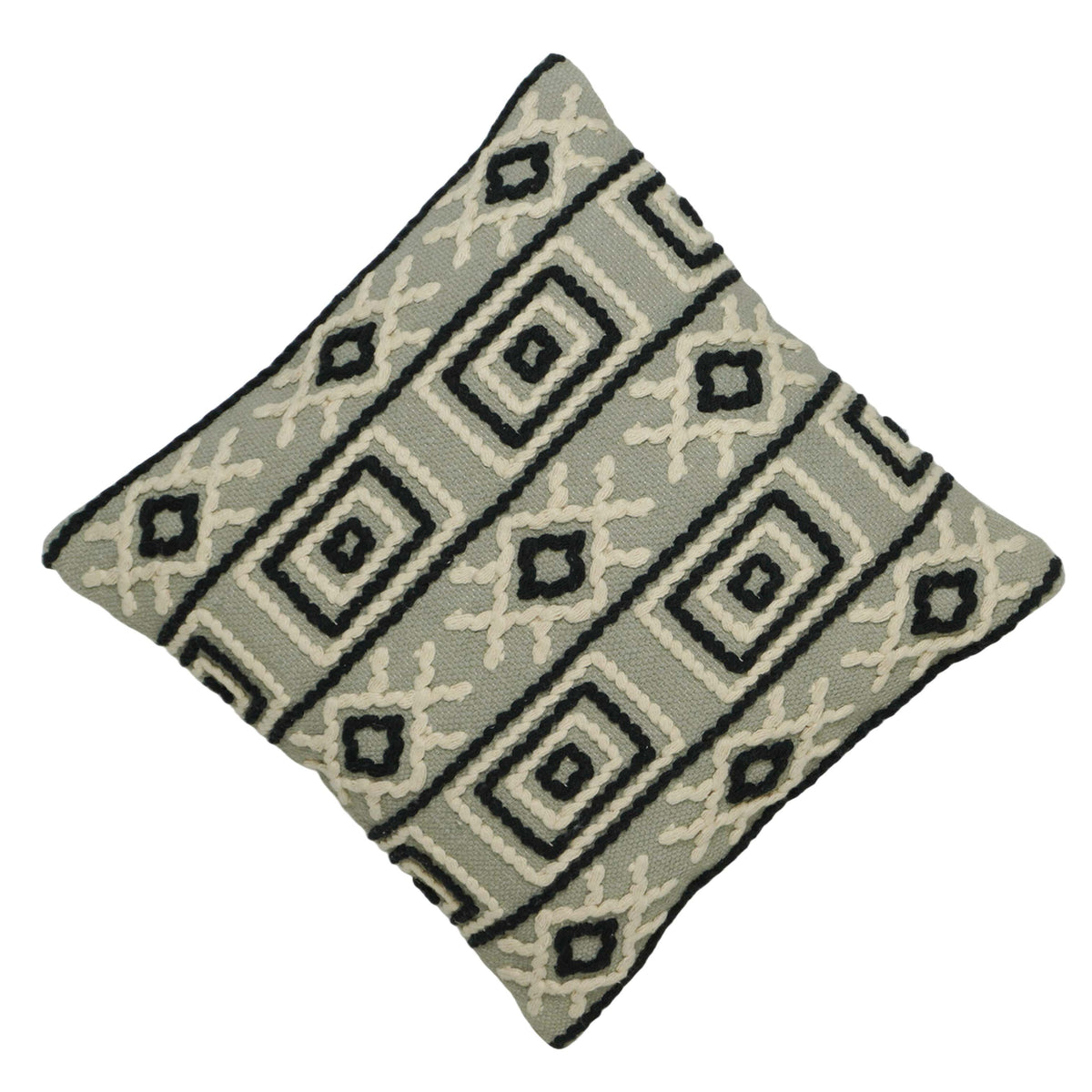 Handwoven Cotton Cushion Cover 45x45 cm | Geometric Tufted Embroidered Throw Pillow Cover | Modern Boho Decorative Cushion Cover | Hidden Zipper | Sage Green & Black