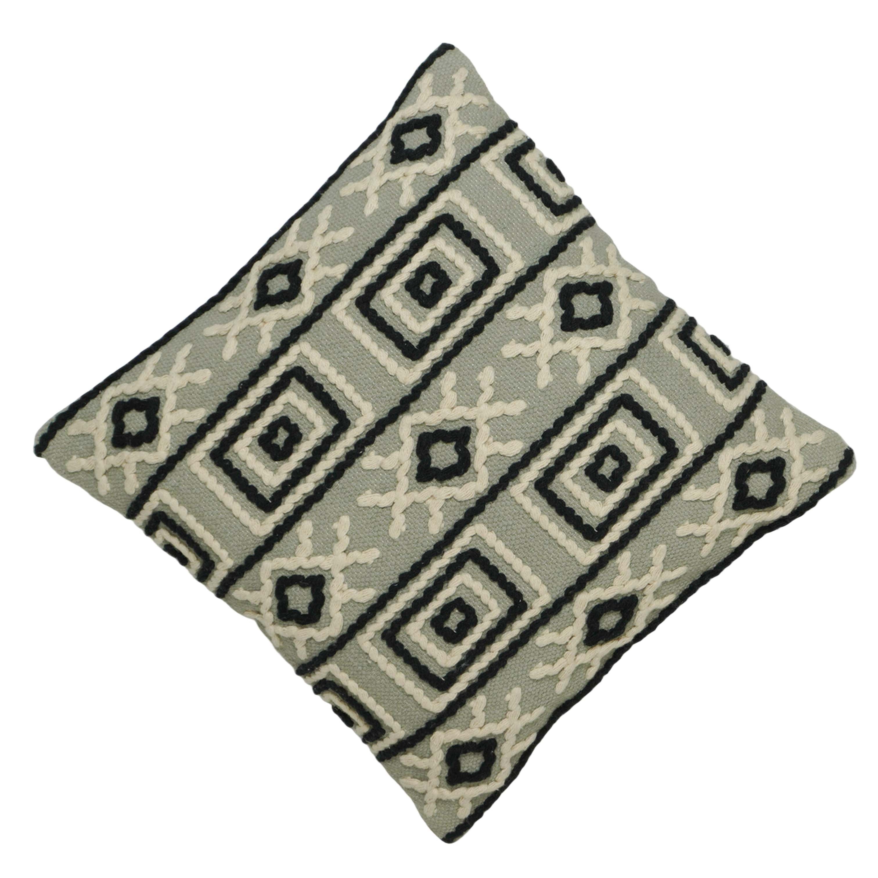 Handwoven Cotton Cushion Cover 45x45 cm | Geometric Tufted Embroidered Throw Pillow Cover | Modern Boho Decorative Cushion Cover | Hidden Zipper | Sage Green & Black