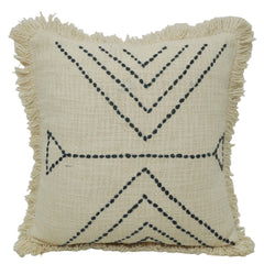 Hand Embroidered Cotton Cushion Cover with Geometric Arrow Pattern & Fringe Border | 45 x 45 cm | Boho Decorative Throw Pillow Cover | Concealed Zipper