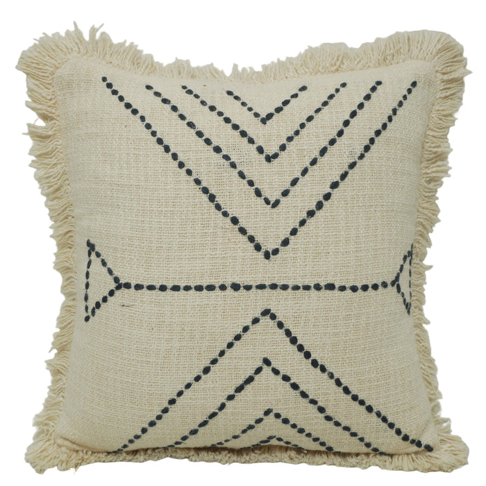 Hand Embroidered Cotton Cushion Cover with Geometric Arrow Pattern & Fringe Border | 45 x 45 cm | Boho Decorative Throw Pillow Cover | Concealed Zipper