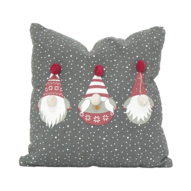 Festive Gnome Pom-Pom Cotton Cushion Cover – Grey Polka Dot Decorative Pillow | 45x45 cm - Bulk manufacturer & supplier from Panipat, India