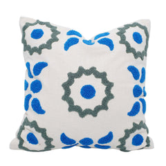 Hand Tufted Cotton Cushion Cover 45x45 cm | Blue & Grey Geometric Floral Design | Decorative Throw Pillow Cover with Hidden Zipper | Modern Boho Home Décor