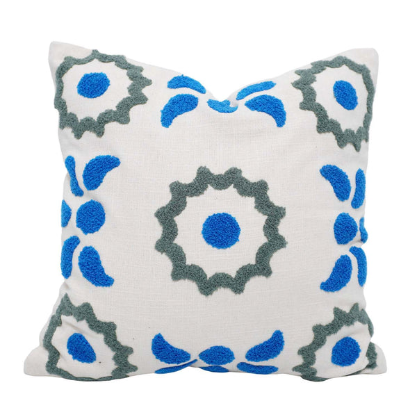 Hand Tufted Cotton Cushion Cover 45x45 cm | Blue & Grey Geometric Floral Design | Decorative Throw Pillow Cover with Hidden Zipper | Modern Boho Home Décor