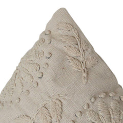 Ivory Floral Embroidered Cotton Cushion Cover | Elegant Textured Throw Pillow Case (18x18 Inch)