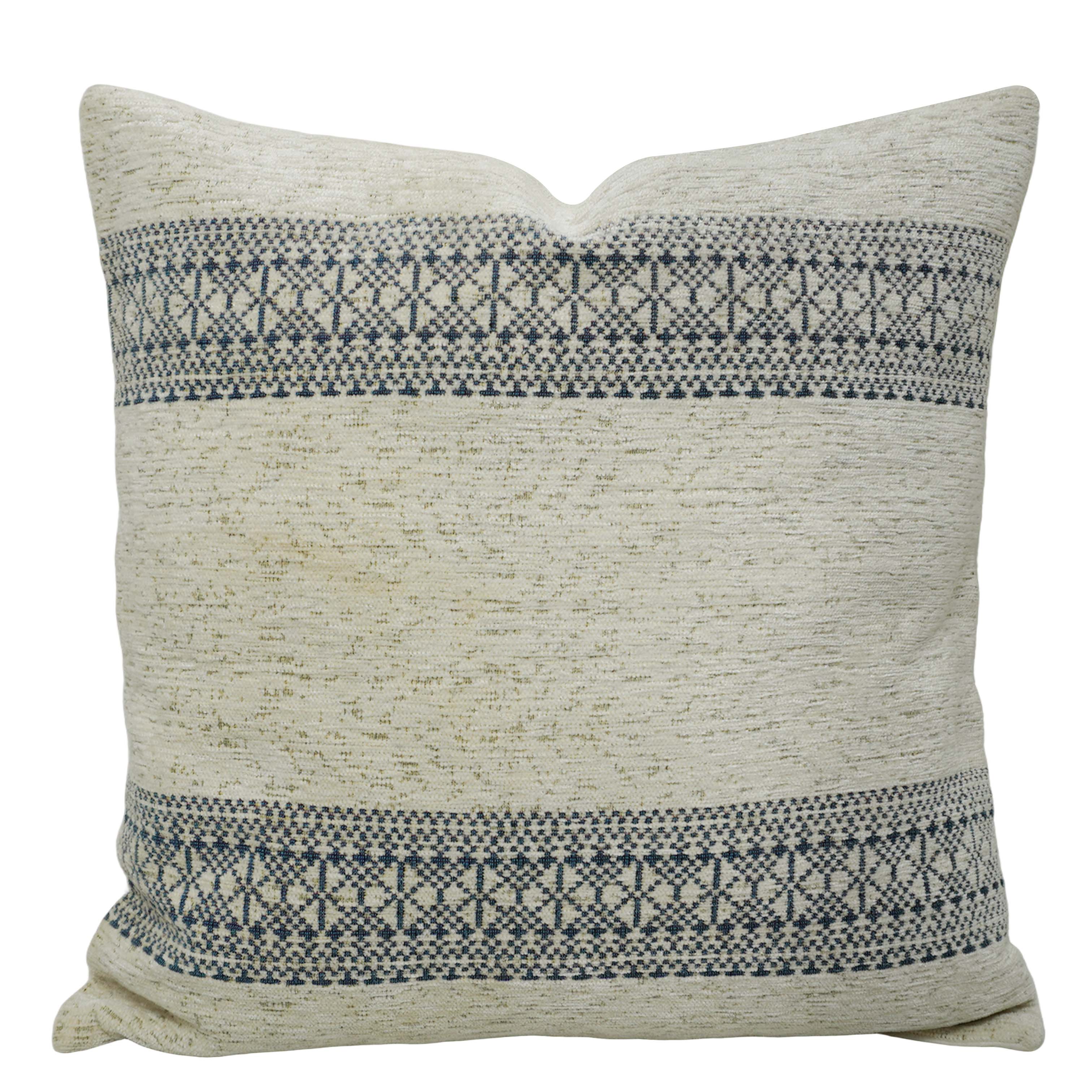Handwoven Jacquard Cotton Cushion Cover 45x45 cm | Geometric Woven Pattern | Decorative Throw Pillow Cover | Hidden Zip | Ivory & Blue