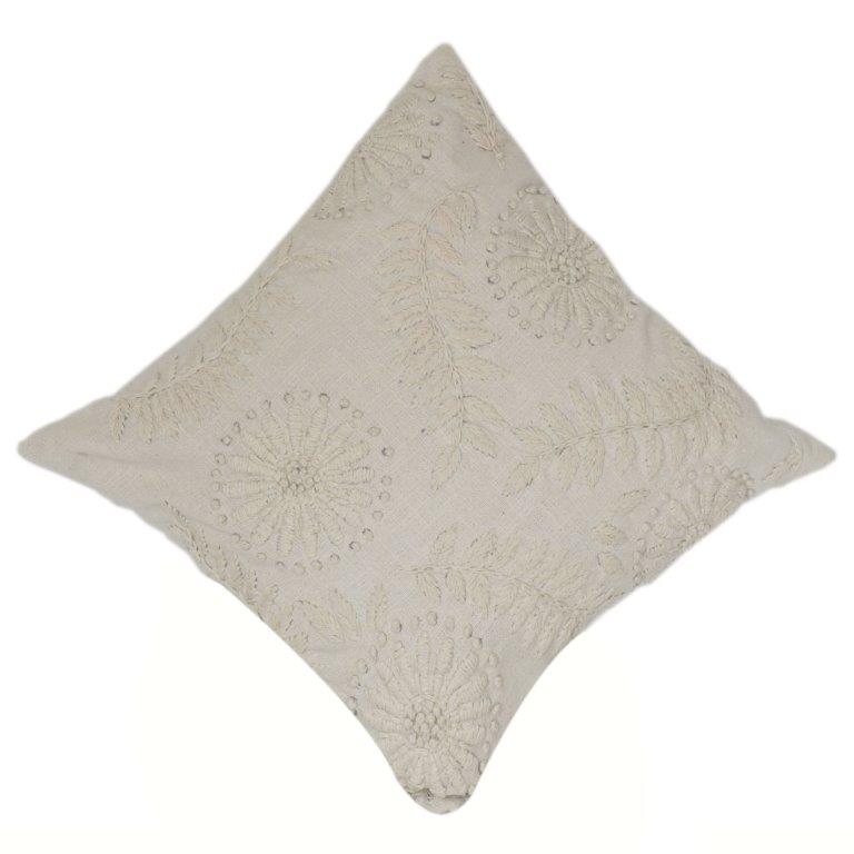 Ivory Floral Embroidered Cotton Cushion Cover | Elegant Textured Throw Pillow Case (18x18 Inch) - Bulk manufacturer & supplier from Panipat, India