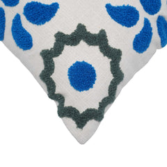 Hand Tufted Cotton Cushion Cover 45x45 cm | Blue & Grey Geometric Floral Design | Decorative Throw Pillow Cover with Hidden Zipper | Modern Boho Home Décor