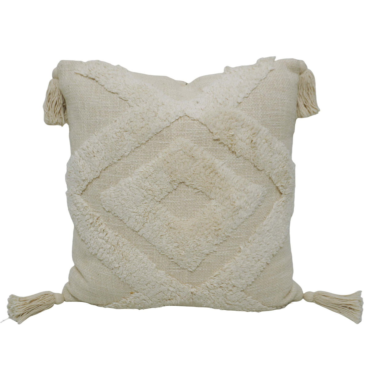 Tufted Cotton Cushion Cover 45x45 cm – Ivory Textured Abstract Pattern with Tassel Corners | Boho Decorative Cushion Cover