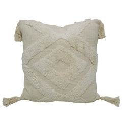 Tufted Cotton Cushion Cover 45x45 cm – Ivory Textured Abstract Pattern with Tassel Corners | Boho Decorative Cushion Cover
